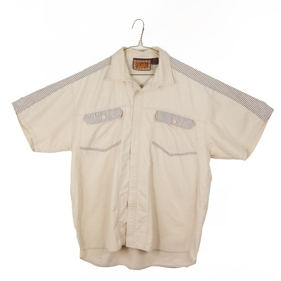 Vintage Other - Vintage 90s Light Khaki Western Beige Blue Stripe Short Sleeve Button Up Shirt